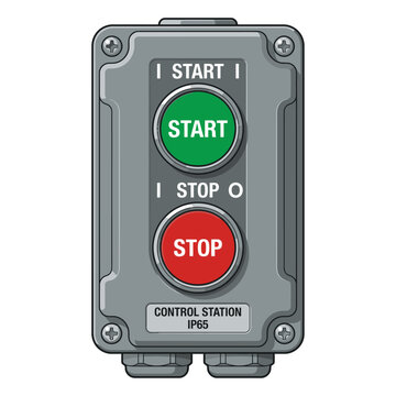 Industrial control station with green start button and red stop button, labelled 'CONTROL STATION IP65'