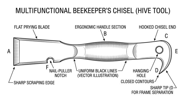 Diagram of a multifunctional beekeeper's chisel, also known as a hive tool, showing its various parts and functions. The tool has a flat prying blade, an ergonomic handle, a hooked chisel end.