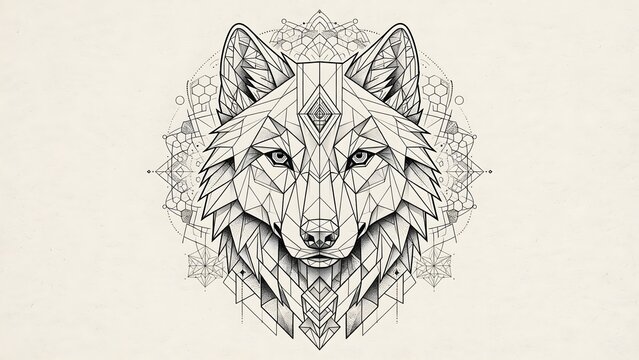 Intricate geometric wolf illustration with symmetrical mandala design