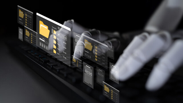 A robotic hand engages with a futuristic digital interface, highlighting file management and organization in a sleek environment, representing innovation in technology. Ledger
