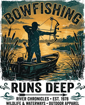 Bowfishing river chronicles vintage poster design featuring hunter with compound bow on boat at sunset with cattails.