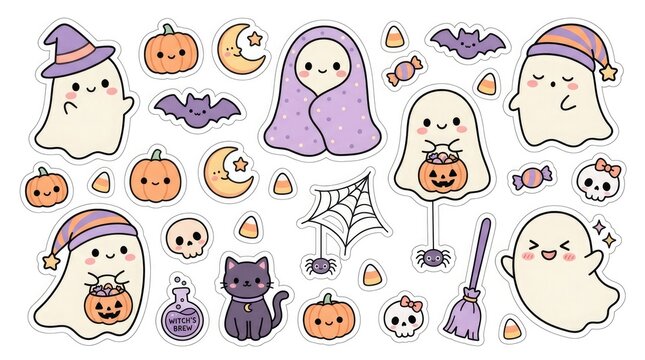 Kawaii halloween stickers collection with ghosts pumpkins and witch elements
