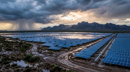 Obraz premium Aerial view of solar farm after rain with mountain range