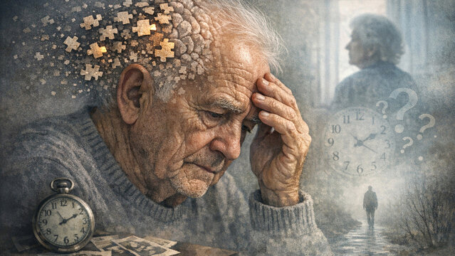 Mature man deep in thought, looking at hands clasped together.
