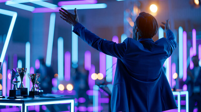 Faceless emcee energetically introducing next segment on glowing neon-lit corporate awards night stage with trophies visible on side table, awards ceremony concept, event