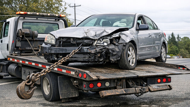 A broken-down car being hauled by a tow truck after an accident, emphasizing the importance of road safety and emergency services.