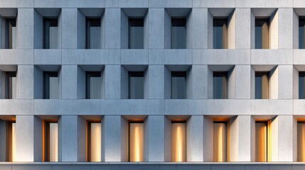 Obraz premium modern building facade with repeating patterns, minimal and clean design, soft lighting, ultra realistic 8k 