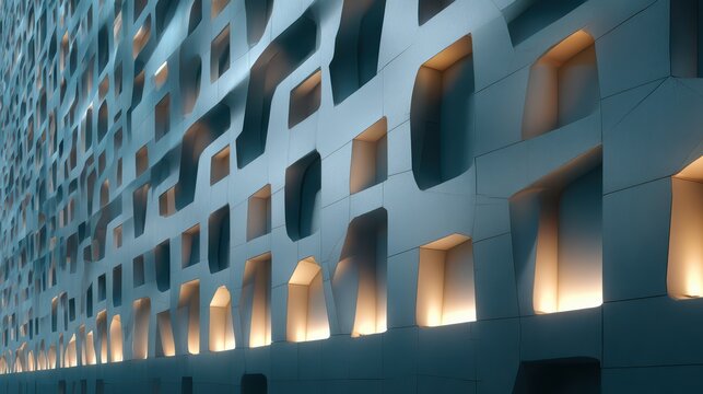 modern building facade with repeating patterns, minimal and clean design, soft lighting, ultra realistic 8k 