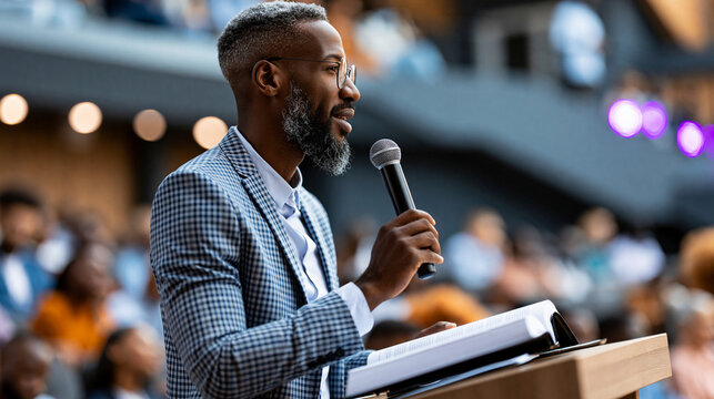 Faceless Pentecostal pastor delivering dynamic sermon to engaged congregation during lively church service in vibrant worship space, faith community concept, religious