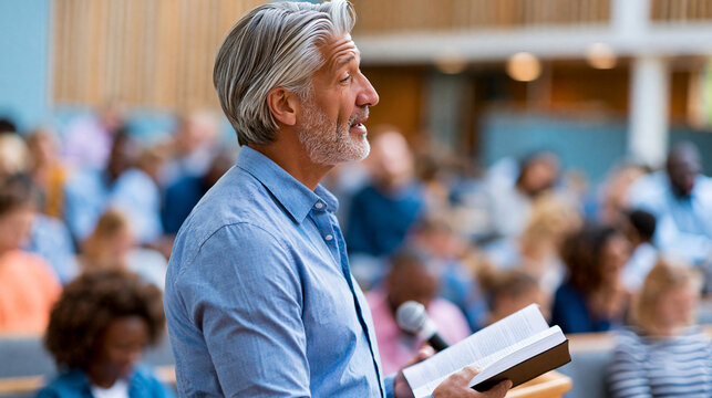 Faceless Pentecostal pastor delivering dynamic sermon to engaged congregation during lively church service in vibrant worship space, faith community concept, religious
