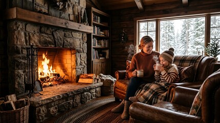 Obraz premium Mother and child relaxing by a fireplace in a rustic winter cabin