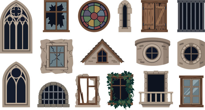 Set of various architectural window designs featuring gothic styles broken glass frames wooden shutters and decorative circular stained glass elements