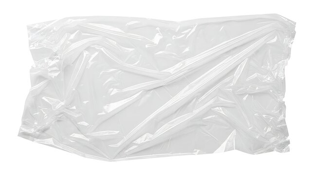 Close-Up of Crumpled Clear Plastic Wrap on White Background - Texture