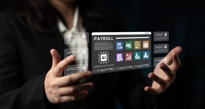A business professional engages with an advanced payroll software interface, highlighting the integration of artificial intelligence in modern payroll management solutions. Cyphers