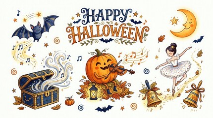 Fototapeta premium Whimsical halloween illustration with musical pumpkin ballerina and spooky elements