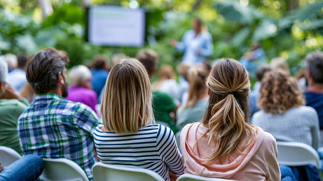 Faceless engaging speaker presenting in lush green environment with audience focused on screen in vibrant and inspiring atmosphere, outdoor speaker concept, event photography,