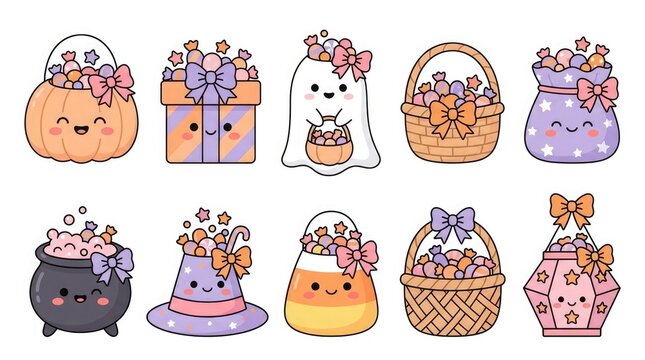 Kawaii halloween candy collection cute pastel ghost pumpkin and treat baskets