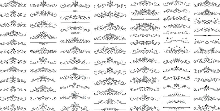 Vector mega set of vintage calligraphic dividers, ornamental borders, and decorative page flourishes isolated on white background