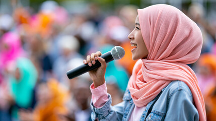 Naklejka premium Faceless woman in hijab holding microphone in public surrounded by diverse crowd in joyful and supportive atmosphere, inclusive public speaking concept, event photography, blurred