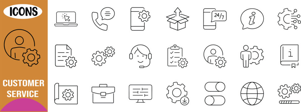 Customer service technical support icons. gear icon set, phone icon set, laptop icon set