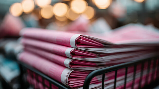 Stacked Pink and White Newspapers on Black Metal Holder, Warm Blurred Background, Clean Texture Focus