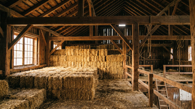 Veterinarian examining farm animals in rural barn. Barn interior with stacked hay bales and wooden beams, large windows allowing natural light to illuminate the rural livestock space