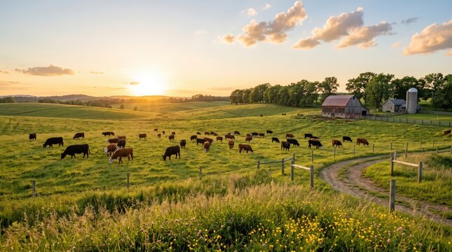 Veterinarian examining farm animals in rural barn. Cattle grazing in a lush green pasture at sunset with a rustic barn and silo in the background on a rural farm