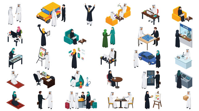 Isometric illustrations of middle eastern people and related objects on white background