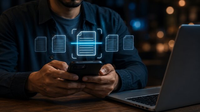 Digital Document Scanning and File Recognition with Smartphone, Intelligent Document Processing, Mobile OCR Technology, Paperless Workflow and Business Document Management Concept