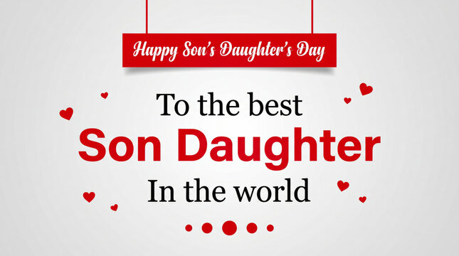 Happy Son's Daughter's Day greeting card, celebratory message for children with red hearts, family appreciation typography on white background
