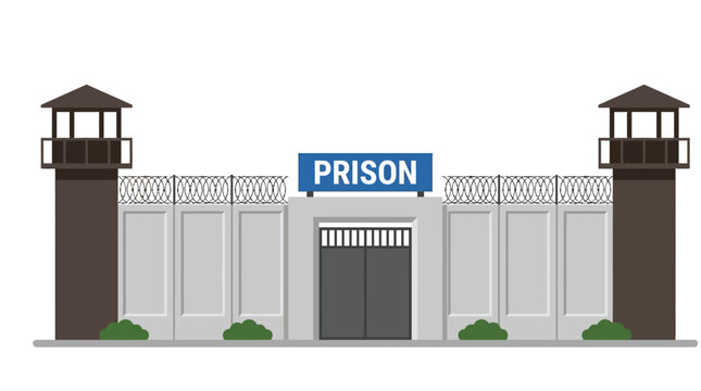 Modern prison facility entrance with high concrete walls and watchtowers under a clear white background