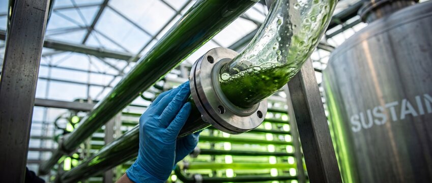 Algae biofuel cultivation photobioreactor system with scientist hand in blue glove adjusting glass tubes with green microalgae liquid in greenhouse laboratory for sustainable renewable energy biotech.