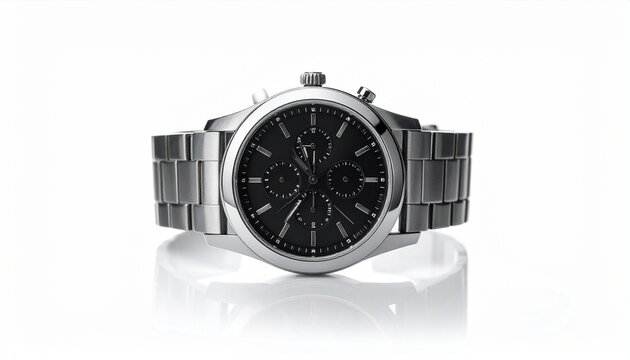 Stainless steel chronograph wristwatch with black dial, three subdials, metal link bracelet, crown and pushers visible, sleek polished modern timepiece design isolated on white background.