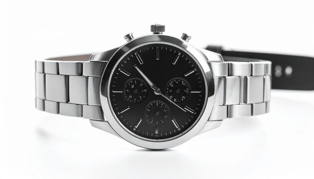 Stainless steel chronograph wristwatch with black dial, three subdials, metal link bracelet, crown and pushers visible, sleek polished modern timepiece design isolated on white background.