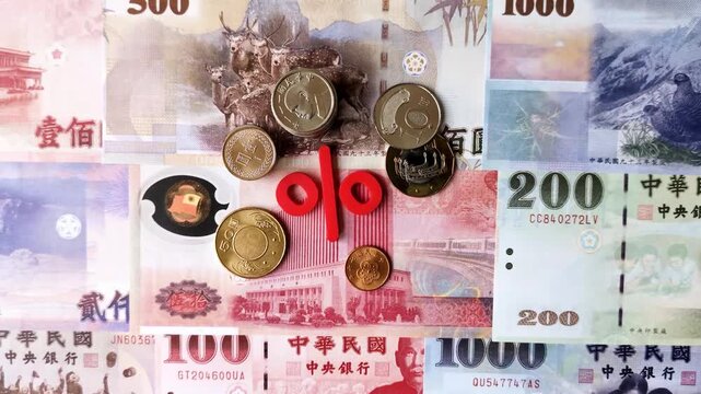Taiwan, Taiwanese paper banknotes and coins, dollars of various denominations for trade and financial transactions. Taiwanese dollars as a business background for your design
