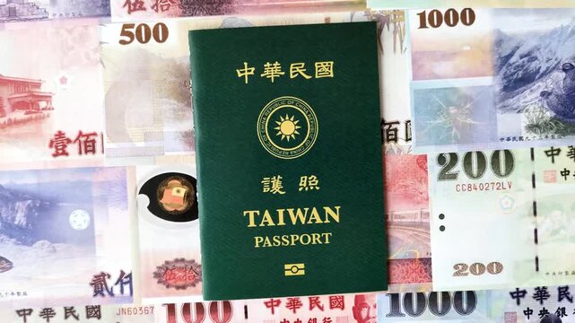 Taiwan, Taiwanese passport or id document with tickets for flight, travel, border crossing. Taiwanese passport and tickets as a background for your design