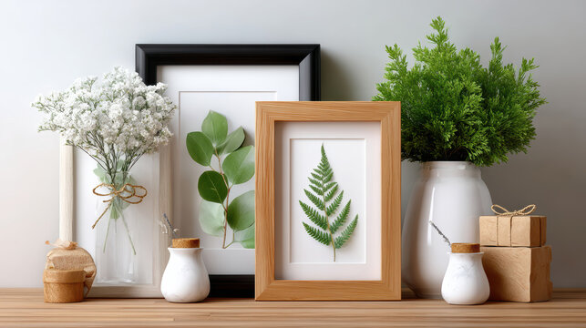 Assorted picture frames with framed fern and botanical prints alongside vases and wrapped gift boxes for rustic home decor display and shelf background