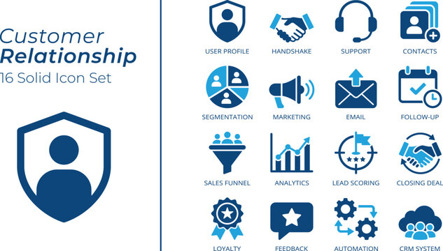 Customer Relationship & Management 16 Solid Icon Set, CRM Business Marketing, Sales, Analytics, CRM System, Handshake and more