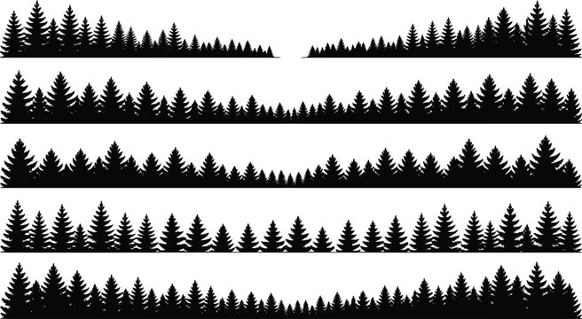 Pine tree dividers flat vector illustration pack. Five long horizontal borders featuring dense spruce and fir silhouettes provide perfect woodsy trim accents for rustic outdoor adventure branding.