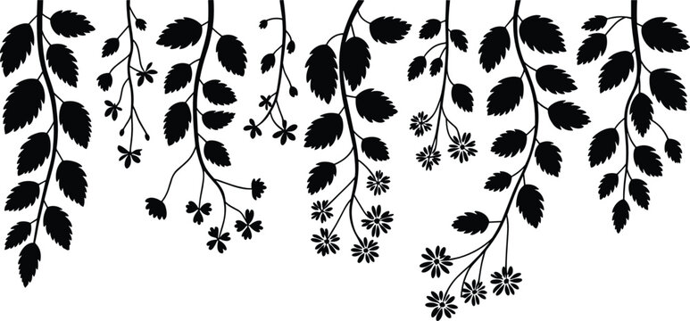 Climbing plants flat vector illustration border. Elegant hanging leaf stems, small flowers, and delicate twigs form a decorative botanical fringe pattern for modern card designs.