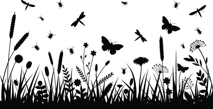 Meadow insects flat vector illustration scene. Flying butterflies, dragonflies, and small bugs hover above wild grasses and flowers to create a detailed summer landscape silhouette.
