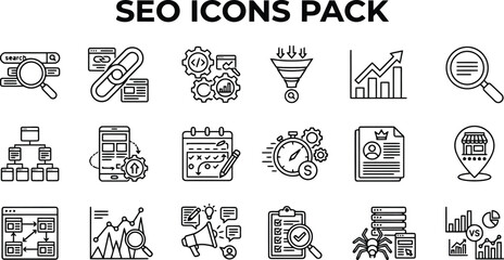 Fototapeta premium Detailed vector illustration featuring a comprehensive set of black line icons representing search engine optimization and digital marketing strategy tools
