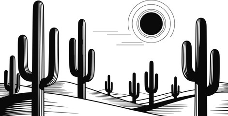 Desert landscape saguaro cactus valley full moon vector illustration black and white silhouette line art isolated on white background © MSTJOSNA