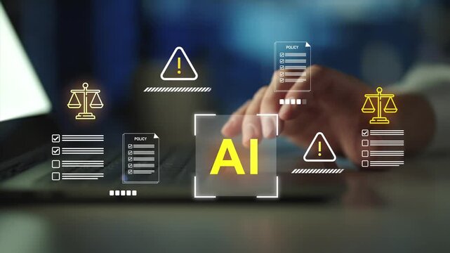 Artificial intelligence and law concept.  AI regulation, policy, ethics, and legal risk. Responsible AI technology and compliance standards. 