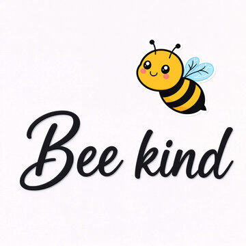 Cute smiling cartoon bee with cursive text bee kind illustration perfect for kindness campaigns