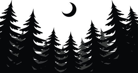 Pine forest landscape night crescent moon vector illustration black and white silhouette line art isolated on white background © MSTJOSNA