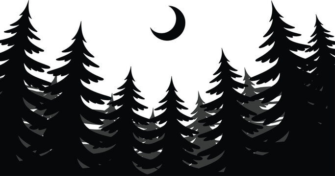 Pine forest landscape night crescent moon vector illustration black and white silhouette line art isolated on white background