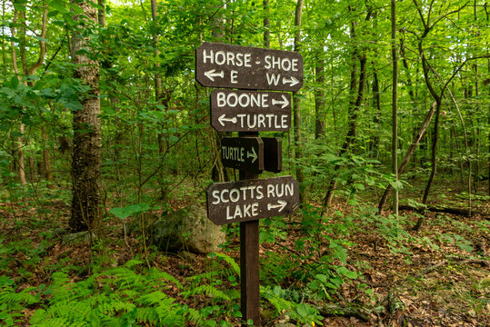 Wooden trail sign marking hiking routes through the forest at French Creek State Park, Pennsylvania.