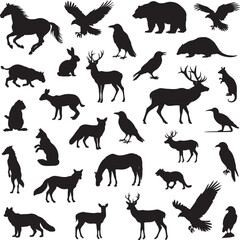 Obraz premium Forest wild animal silhouettes collection with wildlife, silhouette, animal silhouettes, including a bear, deer, wolf, eagle, and fox, arranged