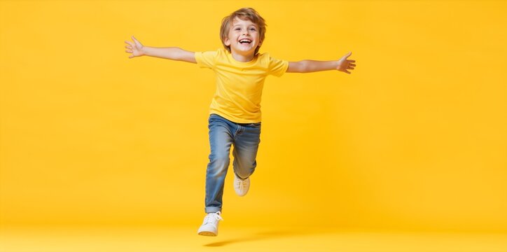 Happy young boy jumping with arms outstretched on yellow background. Energetic child in casual clothes having fun. Copy space for text